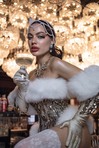 Satin Opera Gloves with Sequins & Fur Cuffs