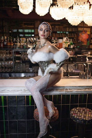 'Electric Sparkle' Golden High-Cut Corset with Plush Fox Fur