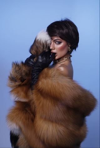 Saga Red Fox Fur Lined Stole-Coat – Luxury Fur Wrap with Slits & Detachable Tails
