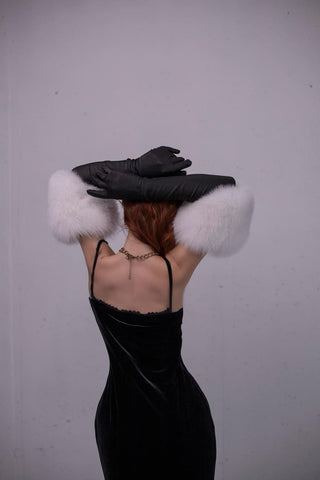 Blue Fox Fur Trimmed Satin Gloves – Double Wide Fur Cuffs