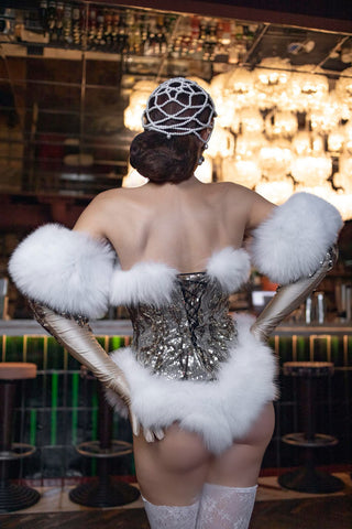 'Electric Sparkle' Golden High-Cut Corset with Plush Fox Fur