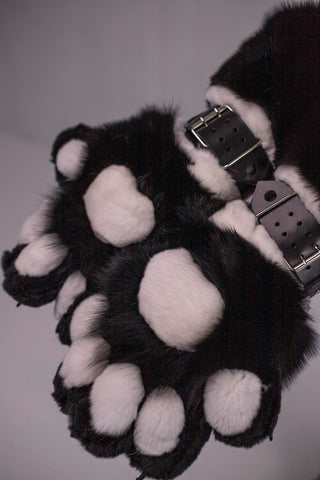 Saga Blue Fox & Rex Rabbit Fur Paws with Leather Belts - Long Arm-Length Gloves