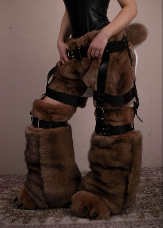 3-Piece Fox & Rex Rabbit Fur Set: Tail Shorts, Harness & Boots