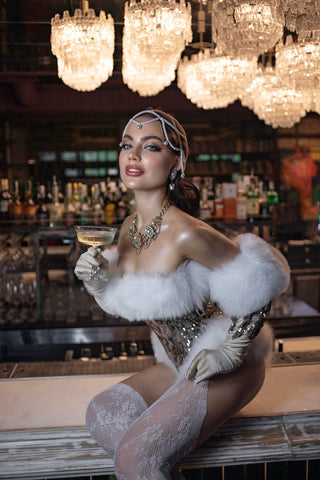 Satin Opera Gloves with Sequins & Fur Cuffs