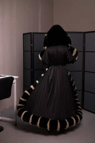 Double-Sided Fur-Trimmed Silk Robe with Full Fur Hood