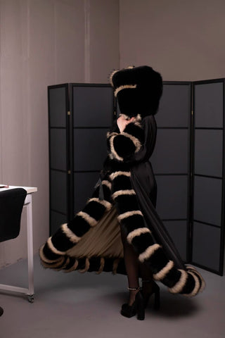Double-Sided Fur-Trimmed Silk Robe with Full Fur Hood