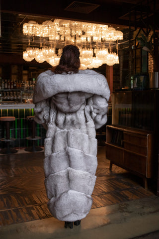 Long Saga Blue Fox Coat with Trimmed Collar & Sleeves 'Crimson Queen'