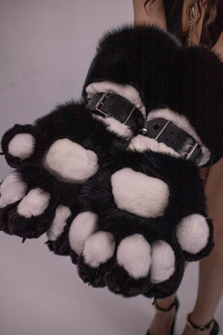 Saga Blue Fox & Rex Rabbit Fur Paws with Leather Belts - Long Arm-Length Gloves