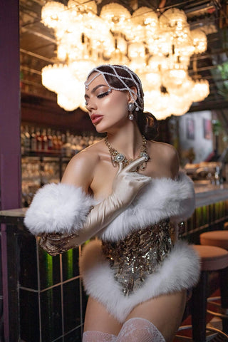 Satin Opera Gloves with Sequins & Fur Cuffs