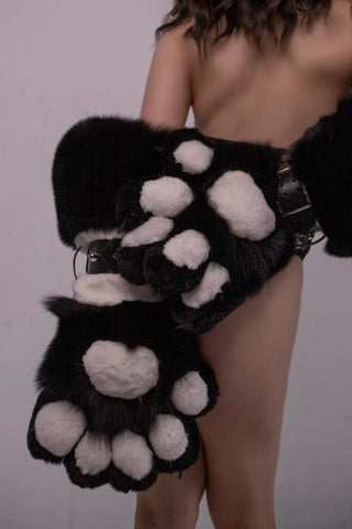 Saga Blue Fox & Rex Rabbit Fur Paws with Leather Belts - Long Arm-Length Gloves