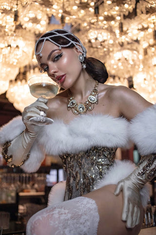 'Electric Sparkle' Golden High-Cut Corset with Plush Fox Fur