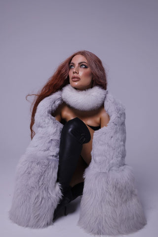 ‘3 Furs’ Sleeves with Collar – Albino Raccoon, Rabbit & Blue Fox Fur