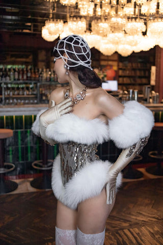 'Electric Sparkle' Golden High-Cut Corset with Plush Fox Fur
