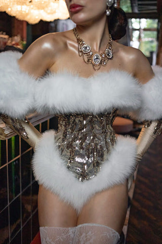 'Electric Sparkle' Golden High-Cut Corset with Plush Fox Fur