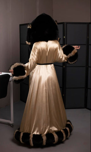 Double-Sided Fur-Trimmed Silk Robe with Full Fur Hood