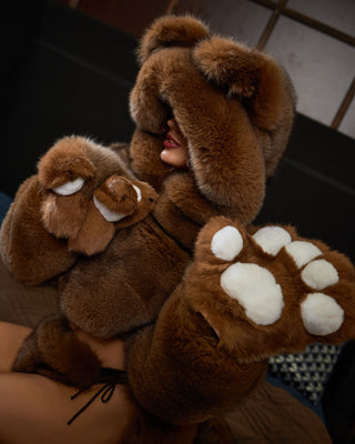 Brown Arctic Fox Fur Short Coat with Bear-Style Hood