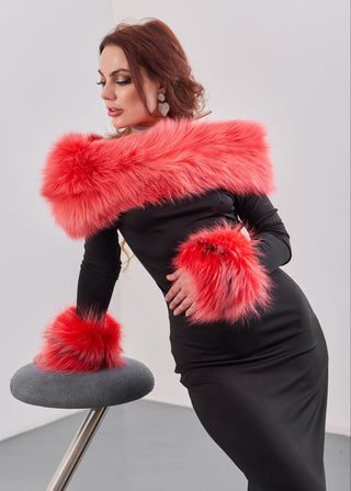 Arctic Fox Fur Trimmed Long Black Dress