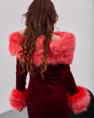 Arctic Fox Fur Trimmed Long Red Dress
