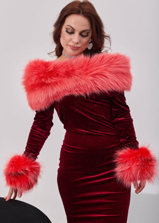Arctic Fox Fur Trimmed Long Red Dress