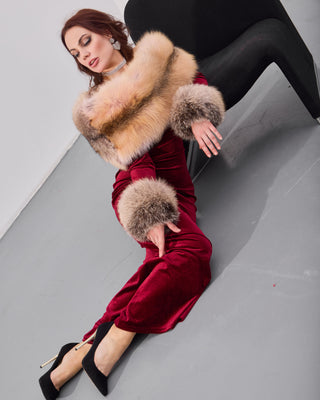 Golden Island Fox Fur Trimmed Long Red Dress