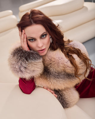 Golden Island Fox Fur Trimmed Long Red Dress
