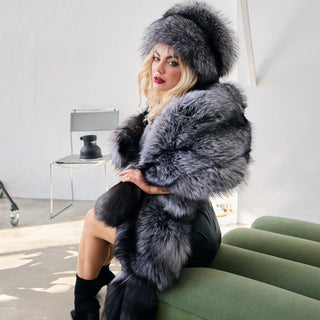Double-Sided Silver Fox Fur Wrap with Detachable Tails
