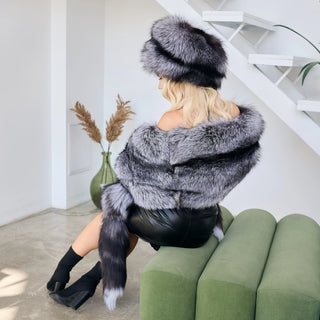 Double-Sided Silver Fox Fur Wrap with Detachable Tails