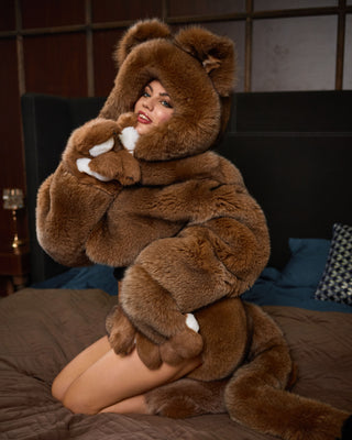 Brown Arctic Fox Fur Short Coat with Bear-Style Hood