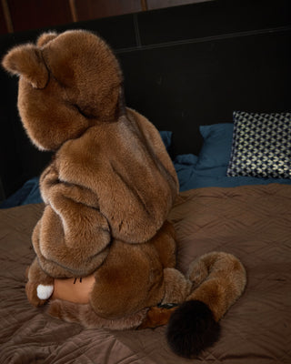 Brown Arctic Fox Fur Short Coat with Bear-Style Hood