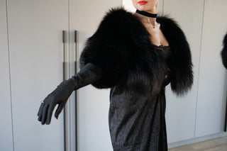 Blue Fox Fur Trimmed Satin Mittens 'Long Love'