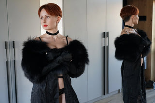 Blue Fox Fur Trimmed Satin Mittens 'Long Love'