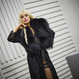 Satin Robe with Silver Fox Collar 'Pure Elegance'