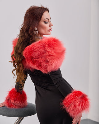 Arctic Fox Fur Trimmed Long Black Dress