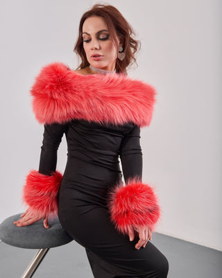 Arctic Fox Fur Trimmed Long Black Dress
