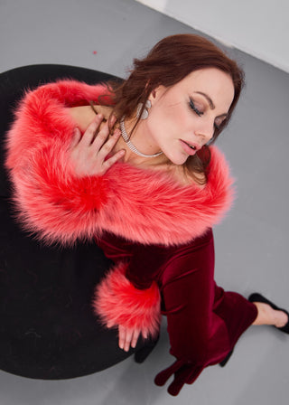 Arctic Fox Fur Trimmed Long Red Dress