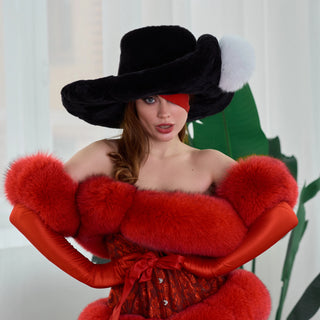 Blue Fox Fur Trimmed Satin Mittens 'Long Love'