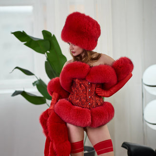 Blue Fox Fur Trimmed Satin Mittens 'Long Love'