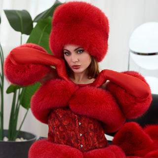 Blue Fox Fur Trimmed Satin Mittens 'Long Love'
