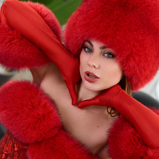 Blue Fox Fur Trimmed Satin Mittens 'Long Love'