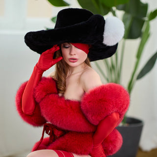 Blue Fox Fur Trimmed Satin Mittens 'Long Love'