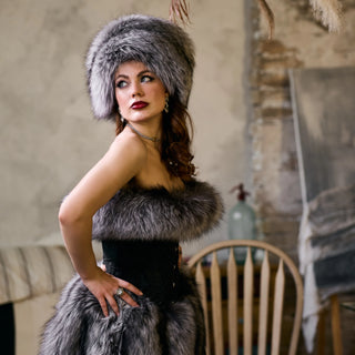 Silver Fox Fur-Trimmed Corset with a Mid-long Skirt