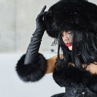 Blue Fox Fur Trimmed Satin Mittens 'Long Love'