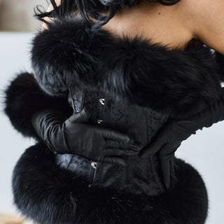 Blue Fox Fur Trimmed Satin Mittens 'Long Love'