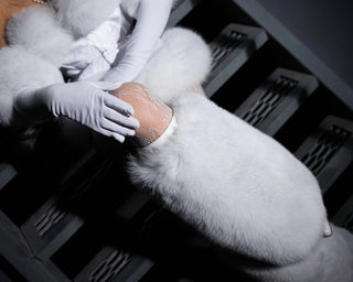 Blue Fox Fur Trimmed Satin Mittens 'Long Love'