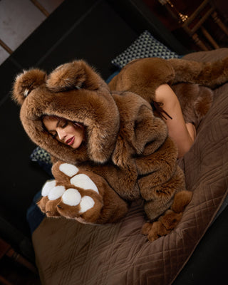 Arctic Fox Fur Short Coat dyed Brown with Bear-Style Hood