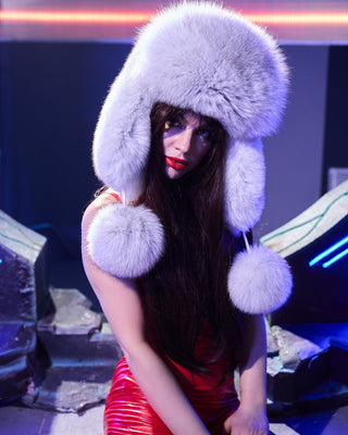 Arctic Fox Fur Vushanka Hat with Pompons