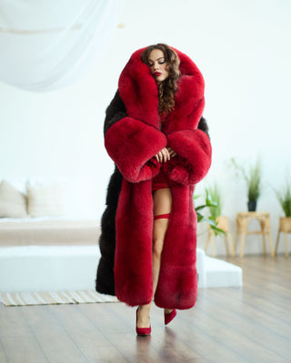 Long Saga Blue Fox Coat with Trimmed Collar & Sleeves 'Crimson Queen'