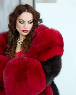 Long Saga Blue Fox Coat with Trimmed Collar & Sleeves 'Crimson Queen'