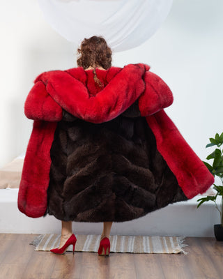 Long Saga Blue Fox Coat with Trimmed Collar & Sleeves 'Crimson Queen'