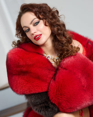 Long Saga Blue Fox Coat with Trimmed Collar & Sleeves 'Crimson Queen'